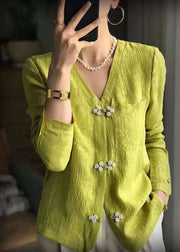 Unique Yellow Green V Neck Jacquard Patchwork Silk Shirts Spring