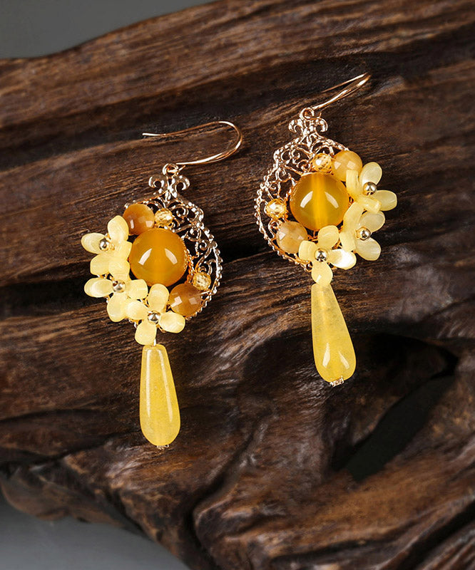 Unique Yellow Jade Sterling Silver Yellow Agate Floral Drop Earrings