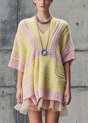 Unique Yellow Oversized Patchwork Tulle Knit Dress Short Sleeve