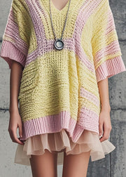 Unique Yellow Oversized Patchwork Tulle Knit Dress Short Sleeve