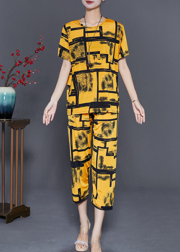 Unique Yellow Oversized Print Ice Silk Two Pieces Set Summer