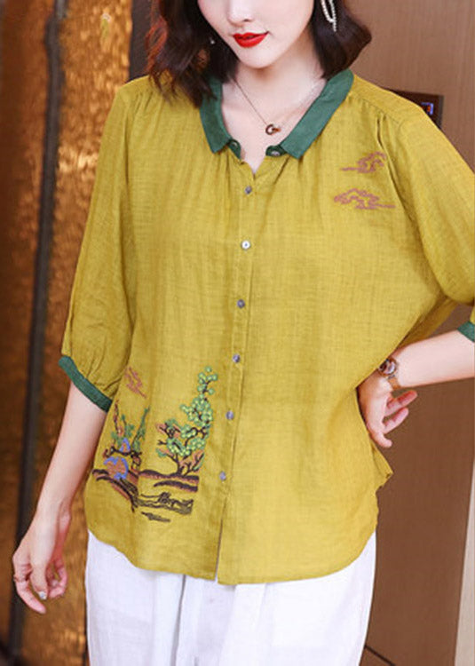 Unique Yellow Peter Pan Collar Embroiderie Floral Button Linen Top Long Sleeve