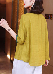 Unique Yellow Peter Pan Collar Embroiderie Floral Button Linen Top Long Sleeve