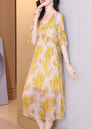 Unique Yellow Ruffled Print Chiffon Beach Dresses Summer