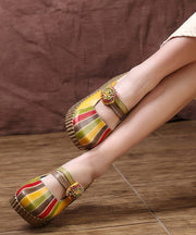 Unique Yellow Stripe Cowhide Leather Splicing Wedge Slide Sandals