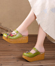 Unique Yellow Stripe Cowhide Leather Splicing Wedge Slide Sandals