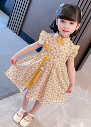 Unique Yellow Tasseled Print Patchwork Cotton Baby Girls Dresses Summer