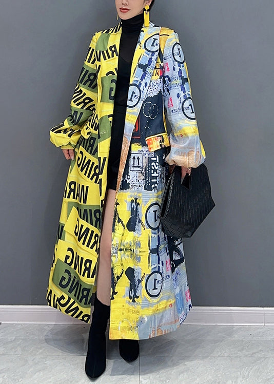 Unique Yellow The Press Style Print Pockets Patchwork Cotton Coats Fall