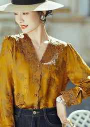 Unique Yellow V Neck Embroideried Jacquard Silk Shirts Long Sleeve