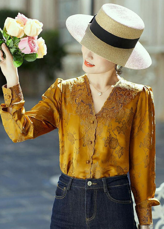 Unique Yellow V Neck Embroideried Jacquard Silk Shirts Long Sleeve