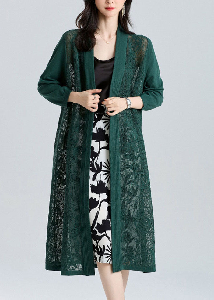 Unique Turquoise V Neck Embroideried Patchwork Thin Ice Size Long Knit Cardigan Summer