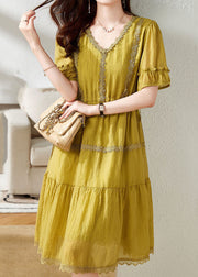 Unique Yellow V Neck Lace Patchwork Chiffon Dress Summer