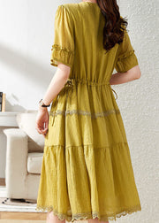 Unique Yellow V Neck Lace Patchwork Chiffon Dress Summer