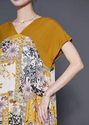 Unique Yellow V Neck Patchwork Print Chiffon A Line Dress Summer