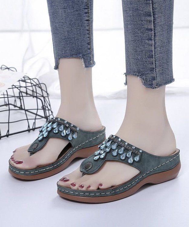 Unique Zircon Splicing Wedge Thong Sandals Green Faux Leather