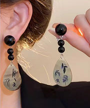 Vintage Black Acrylic Alloy Print Shell Water Drop Drop Earrings