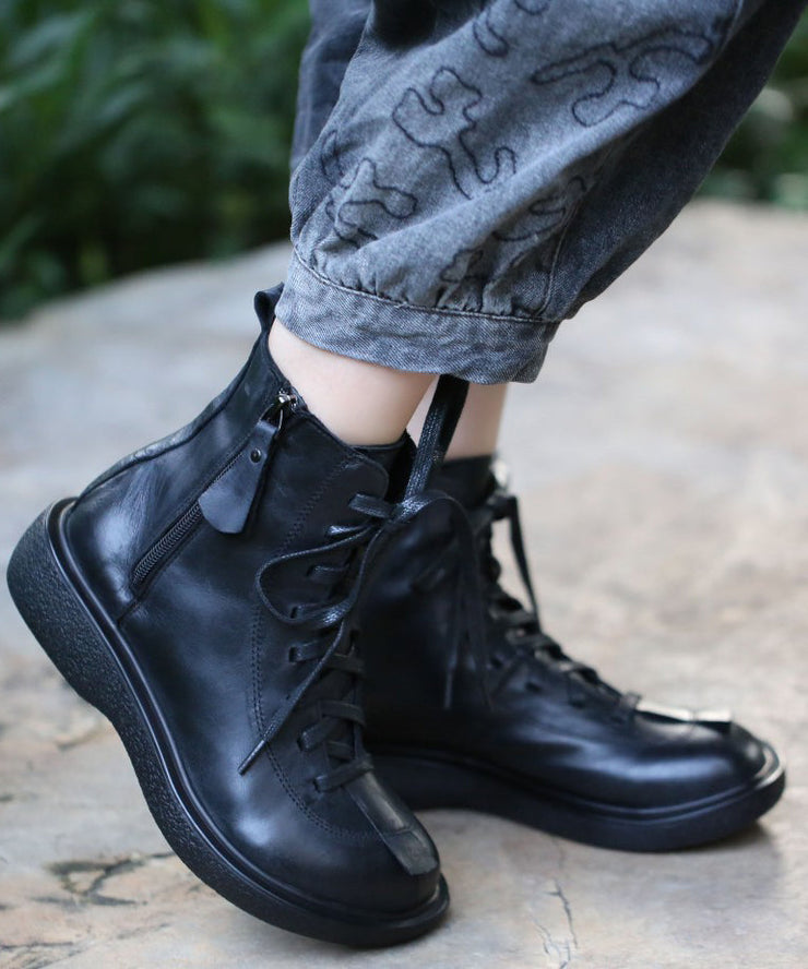 Vintage Black Cowhide Leather Lace Up Splicing Boots