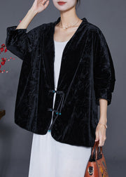 Vintage Black Jacquard Chinese Button Silk Velour Jackets Fall