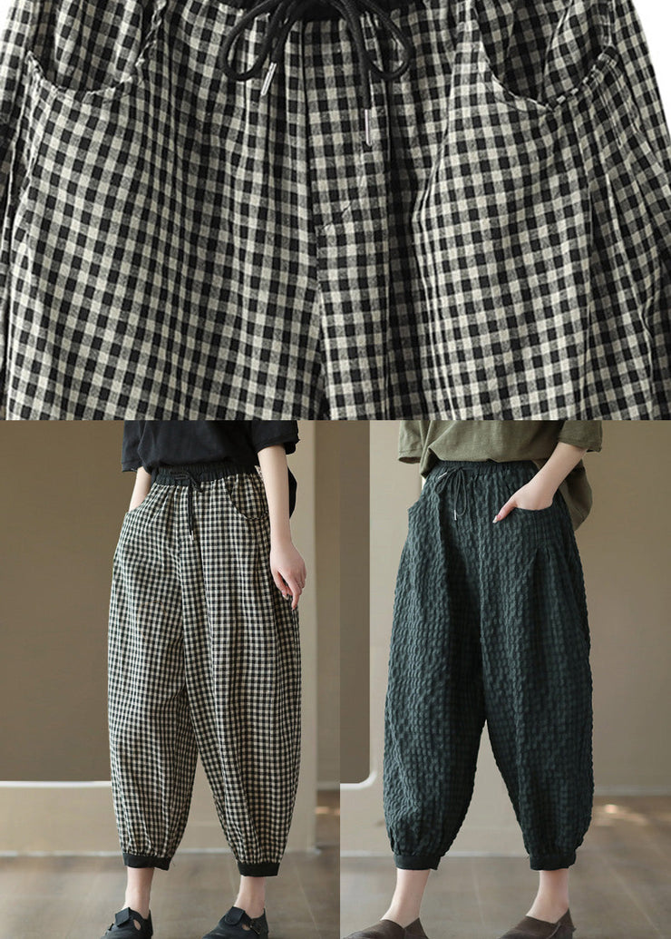 Vintage Black Plaid Elastic Waist Harem Pants Summer