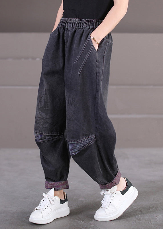 Vintage Black Pockets Print Elastic Waist Denim Pants Fall