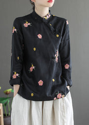 Vintage Black Stand Collar Embroideried Linen Shirt Long Sleeve