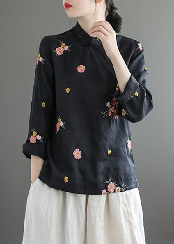 Vintage Black Stand Collar Embroideried Linen Shirt Long Sleeve