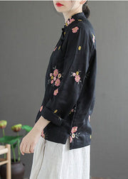 Vintage Black Stand Collar Embroideried Linen Shirt Long Sleeve