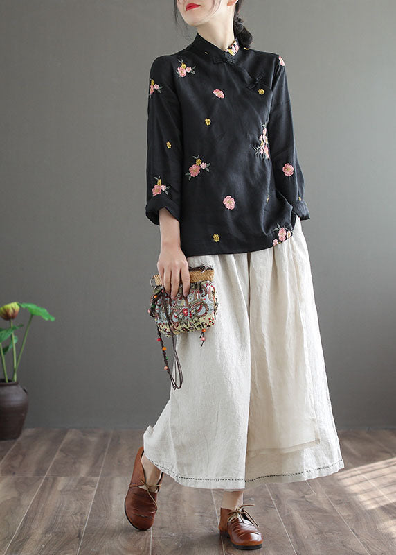 Vintage Black Stand Collar Embroideried Linen Shirt Long Sleeve