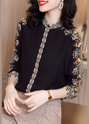 Vintage Black Stand Collar Print Chiffon Shirt Top Long Sleeve