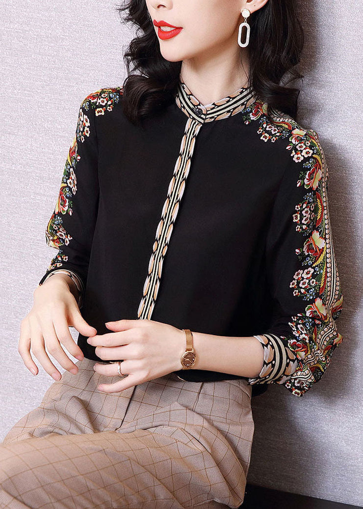 Vintage Black Stand Collar Print Chiffon Shirt Top Long Sleeve