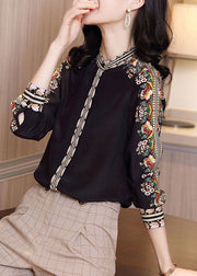 Vintage Black Stand Collar Print Chiffon Shirt Top Long Sleeve