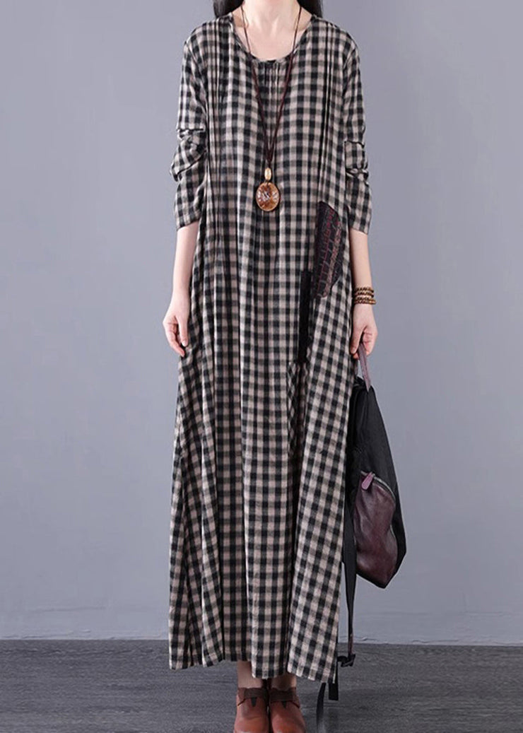 Vintage Black White Plaid A Line Long Dresses Spring