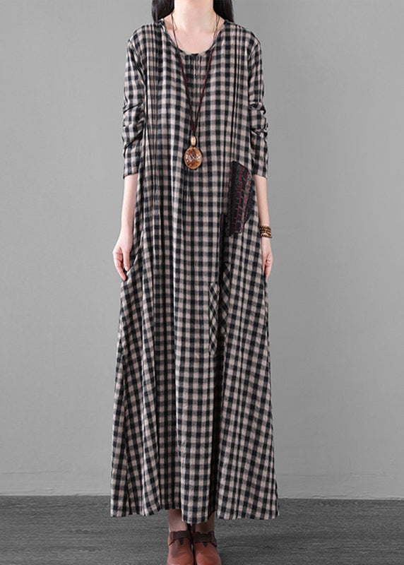 Vintage Black White Plaid A Line Long Dresses Spring