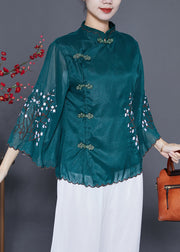 Vintage Blackish Green Mandarin Collar Embroideried Silk Blouses Flare Sleeve