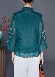 Vintage Blackish Green Mandarin Collar Embroideried Silk Blouses Flare Sleeve