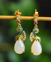 Vintage Blue Ancient Gold Jade Zircon Auspicious Clouds Drop Earrings