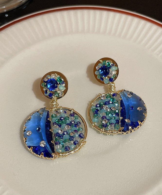 Vintage Blue Copper Zircon Crystal Glass Drop Earrings