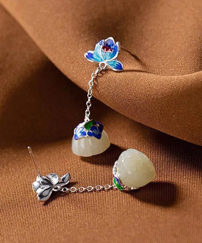 Vintage Blue Silver Jade Drop Cloisonne Lotus Earrings