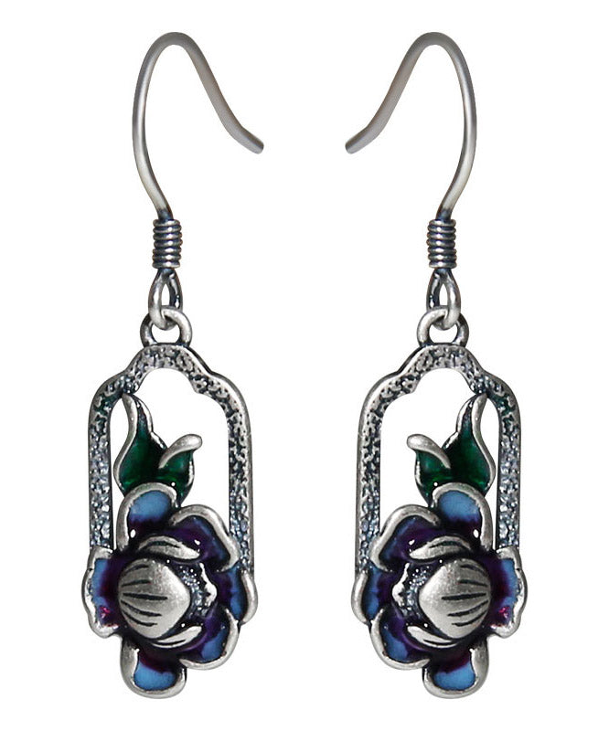 Vintage Blue Sterling Silver Lotus Drop Earrings