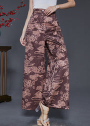 Vintage Brown Elastic Waist Print Silk Wide Leg Pants Spring