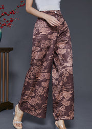 Vintage Brown Elastic Waist Print Silk Wide Leg Pants Spring