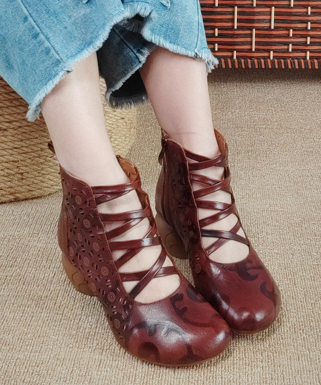 Vintage Brown Zippered Hollow Out Cowhide Leather Chunky Boots