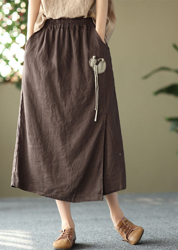 Vintage Chocolate Elastic Waist Side Open Linen A Line Skirts Summer