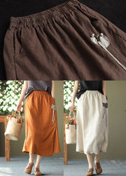 Vintage Chocolate Elastic Waist Side Open Linen A Line Skirts Summer