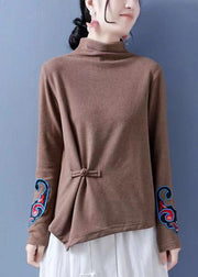 Vintage Chocolate Embroideried Ammetrical Design Chinese Button Cotton Tops Spring