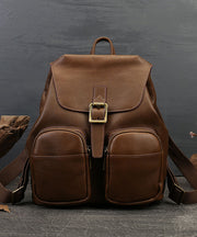 Vintage Chocolate Solid Pockets Calf Leather Backpack Bag