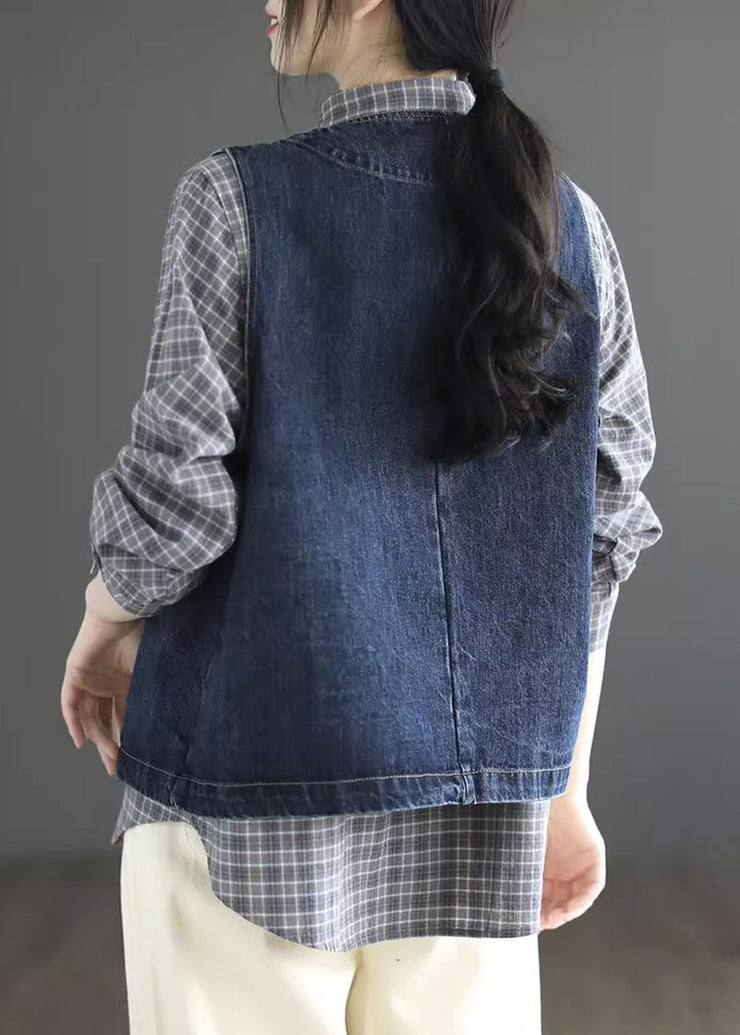 Vintage Dark Blue O-Neck Pockets Denim Waistcoat Sleeveless