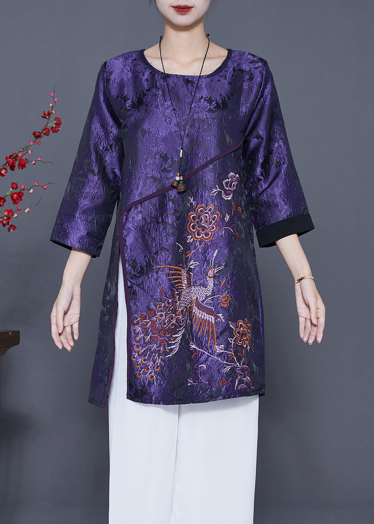 Vintage Dark Purple Embroideried Side Open Silk Shirts Bracelet Sleeve