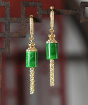 Vintage Gold Sterling Silver Overgild Inlaid Jade Tassel Drop Earrings