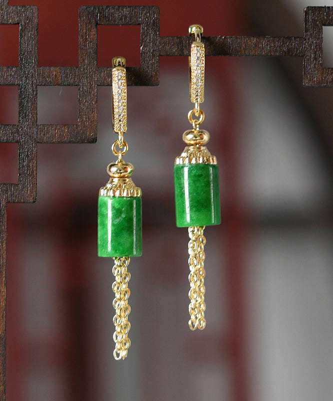 Vintage Gold Sterling Silver Overgild Inlaid Jade Tassel Drop Earrings